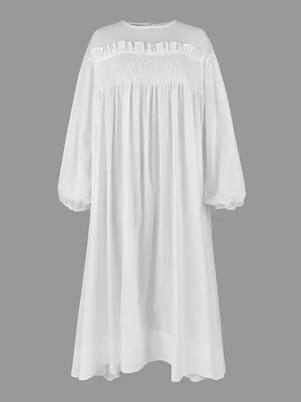 A-Line Long Sleeves Mesh Pleated Pockets See-Through Split-Joint Round-Neck Midi Dress