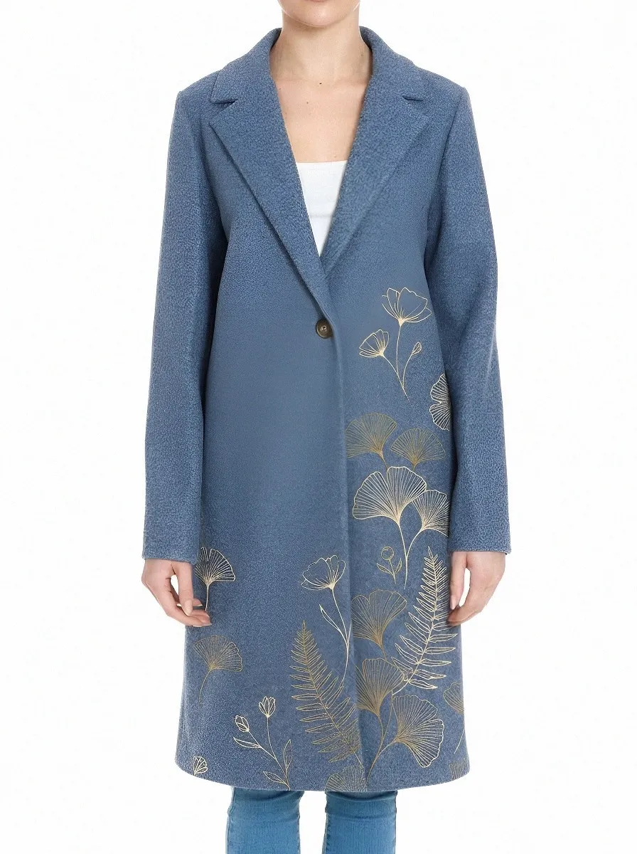 Women's Botanical Nature Lover Gold Ginkgo Fern Printed Coat