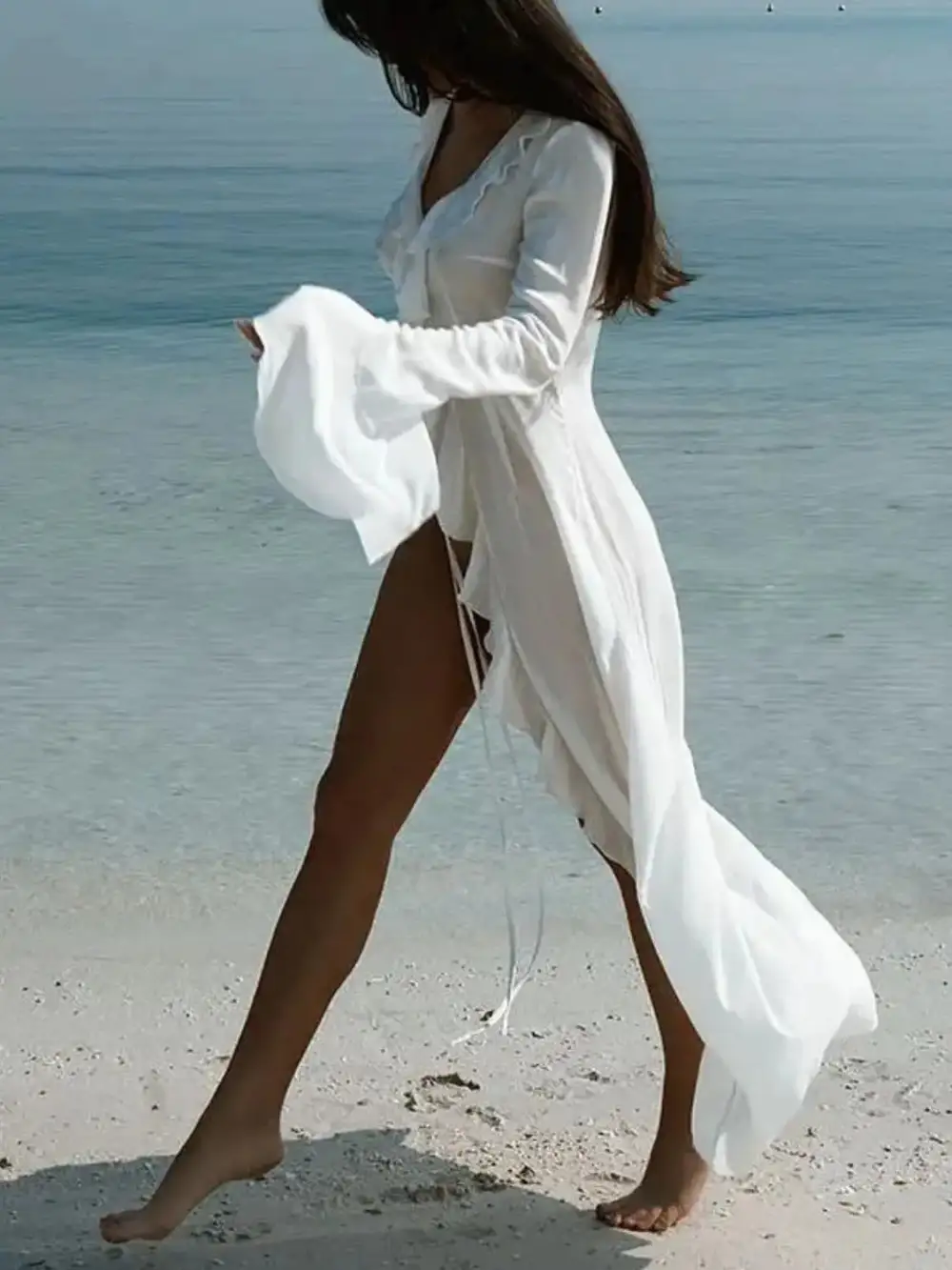 Ruffled Long Sleeve Dress Swim Cover Up