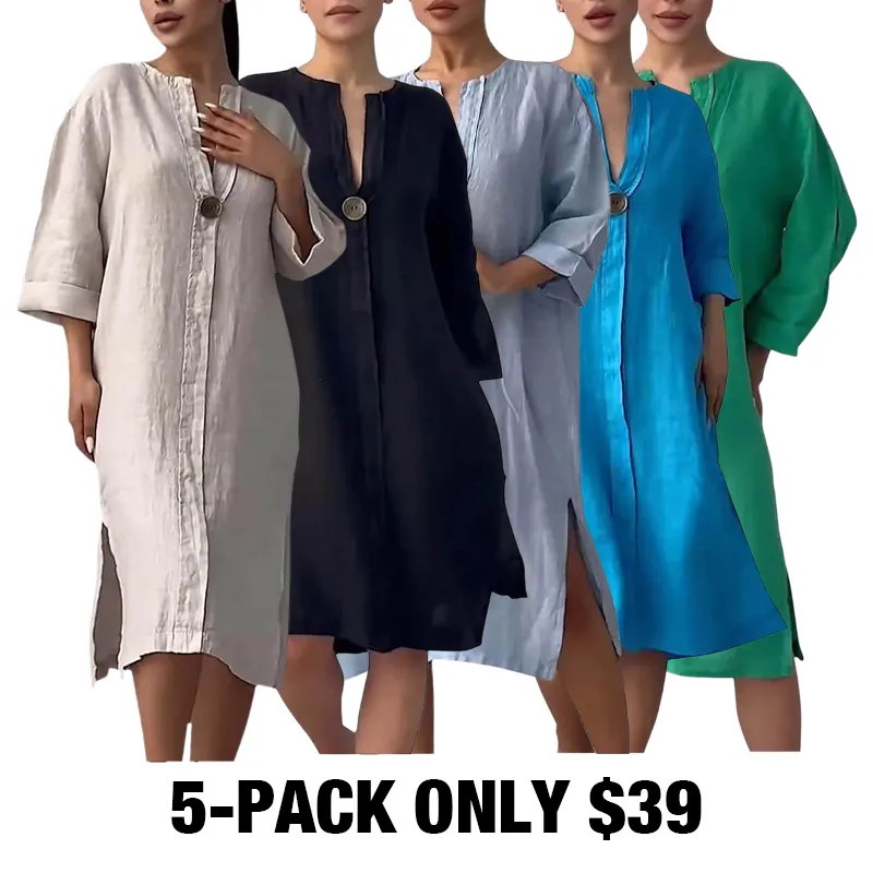 Women'S Solid Color Casual Cotton And Linen Dress-5-PACK
