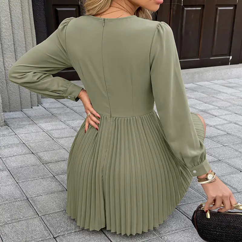 Women's V-Neck Long-Sleeve Pleated Party Dress