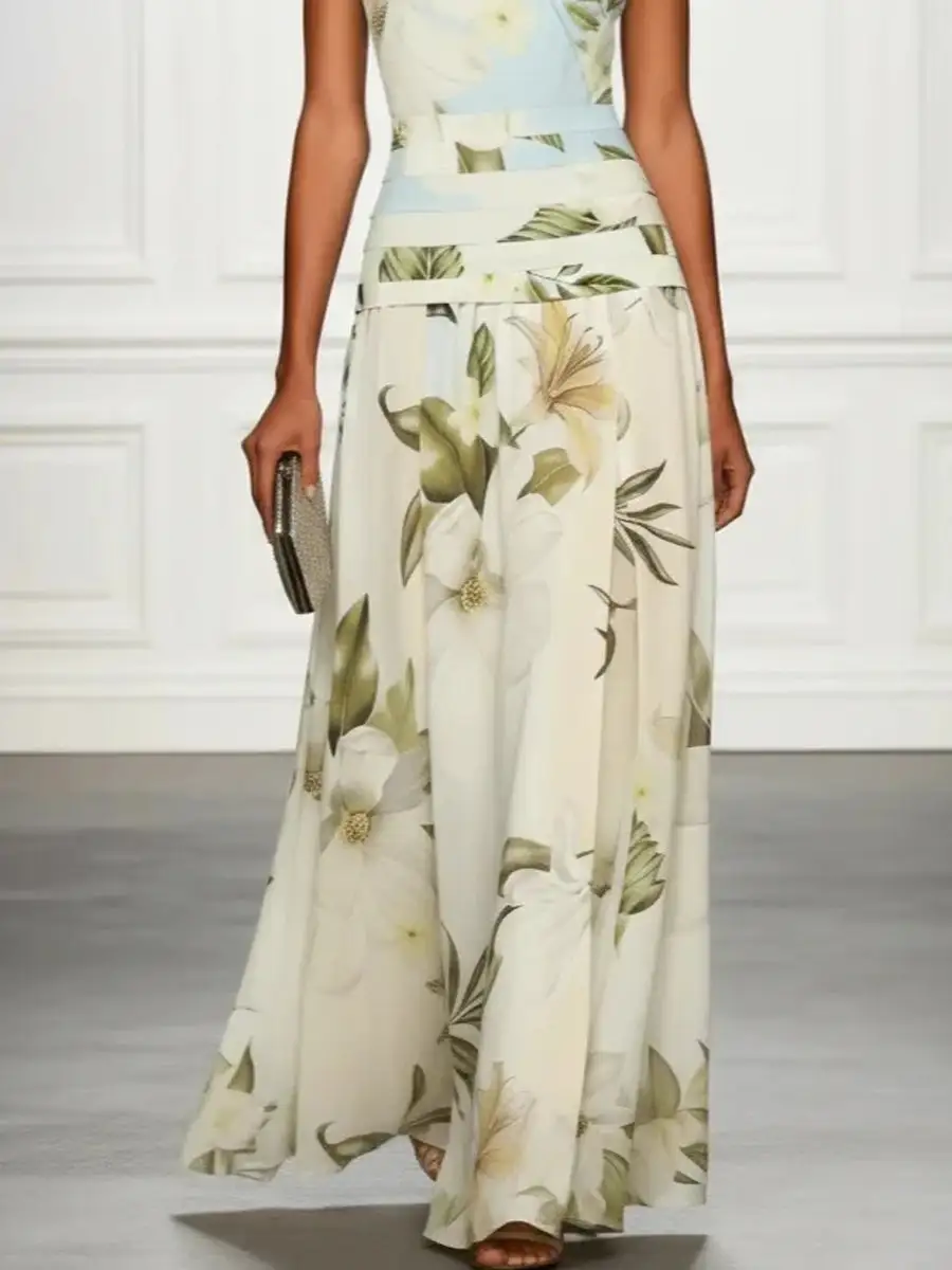 Flower Pleated Neck Maxi Dress