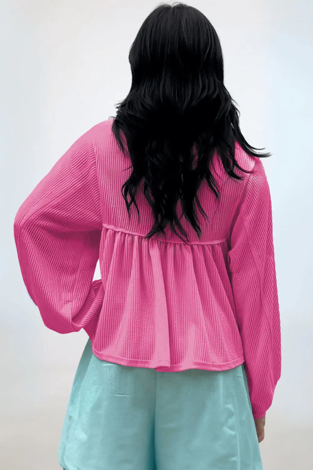 Corded Turn Down V Neck Bubble Sleeve Babydoll Blouse