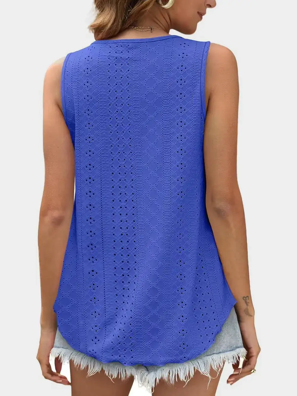 Eyelet Round Neck Tank With Sheer Detail
