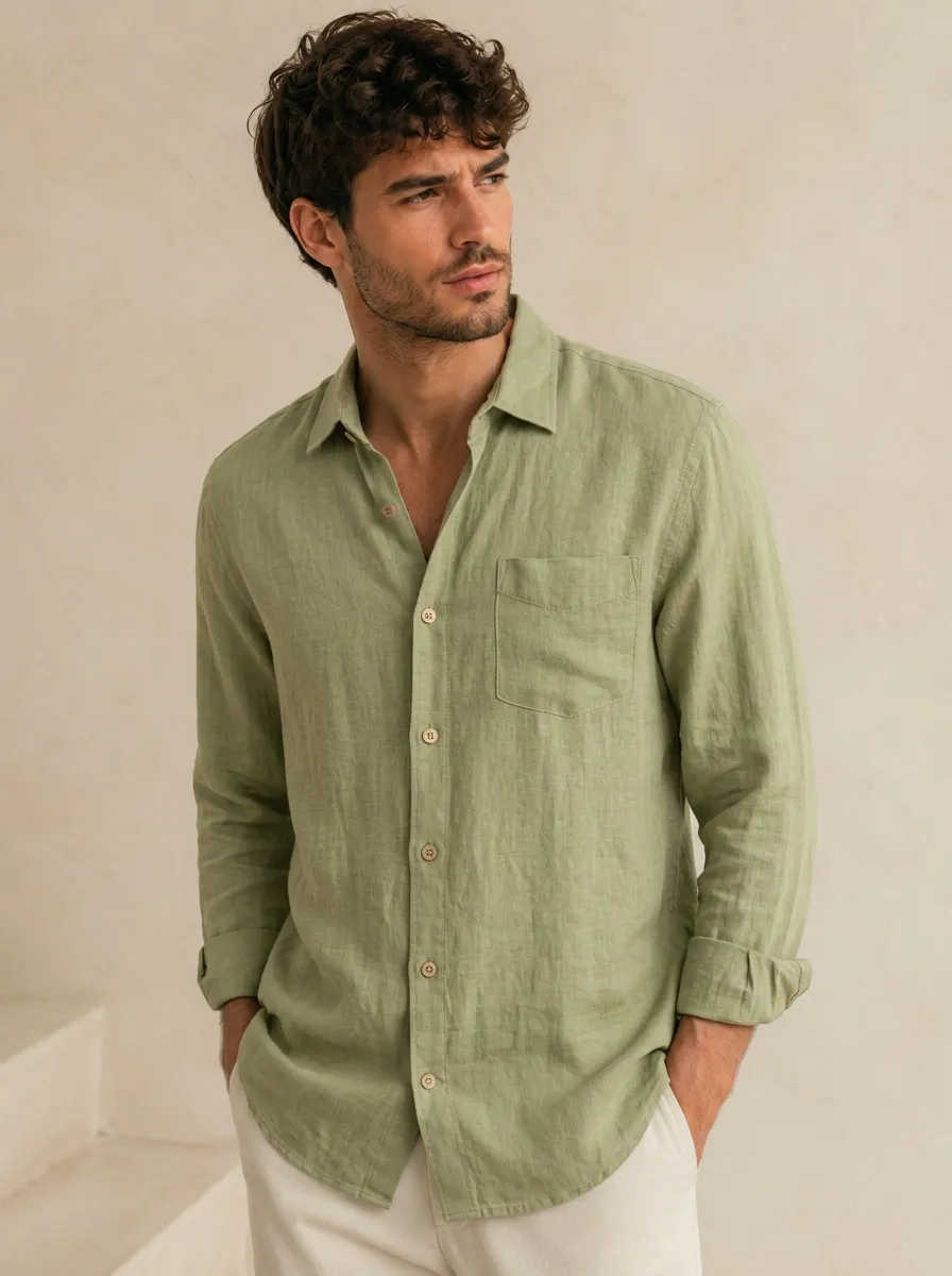 Men's Sage Green Long Sleeve Button-Down Shirt