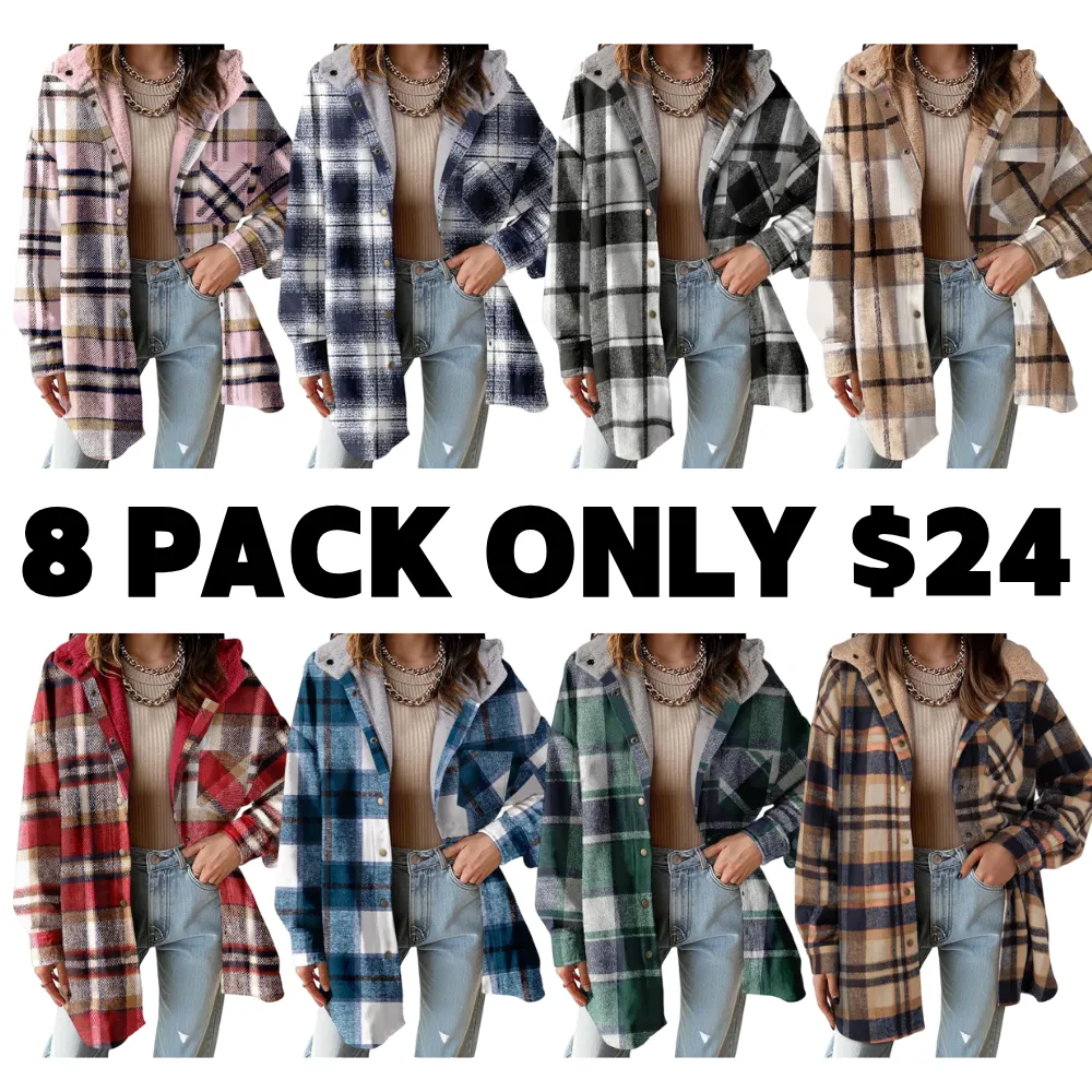 Women's Flannel Hooded Plaid 2025 Shacket Thick Coat