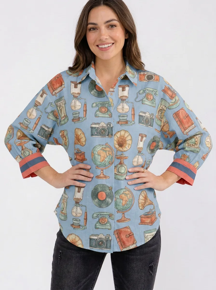Women's Vintage Hobby Retro Items Printed Button-up Shirt