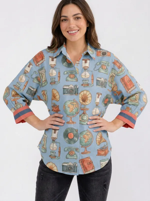 Women's Vintage Hobby Retro Items Printed Button-up Shirt