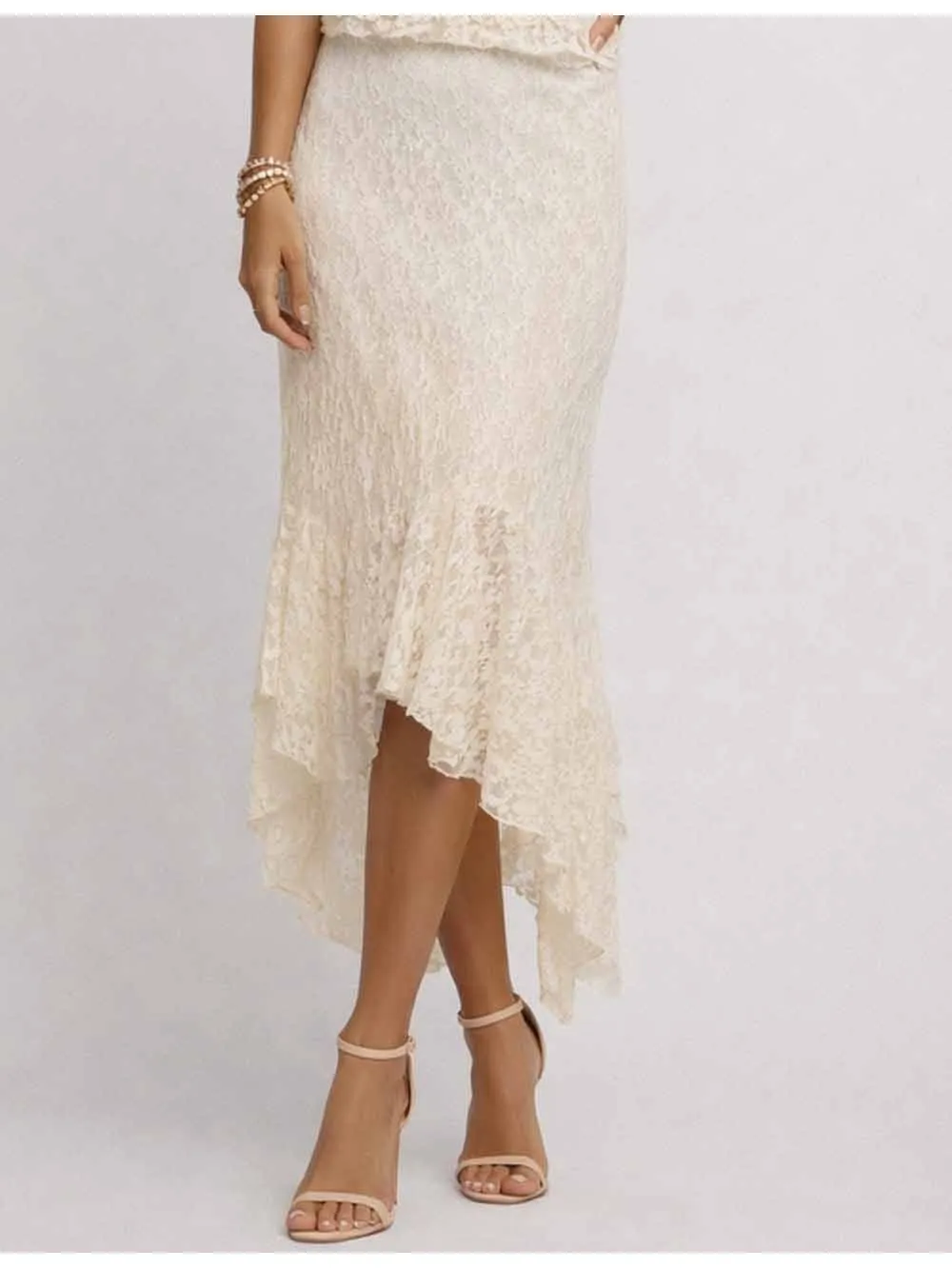 Lace Irregular Hem Elastic Waist Midi Skirt