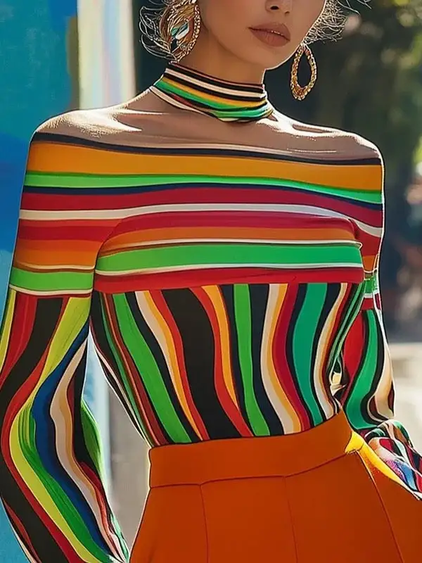 Long Sleeve Relaxed Contrast Stripe Halter Neck T-Shirt