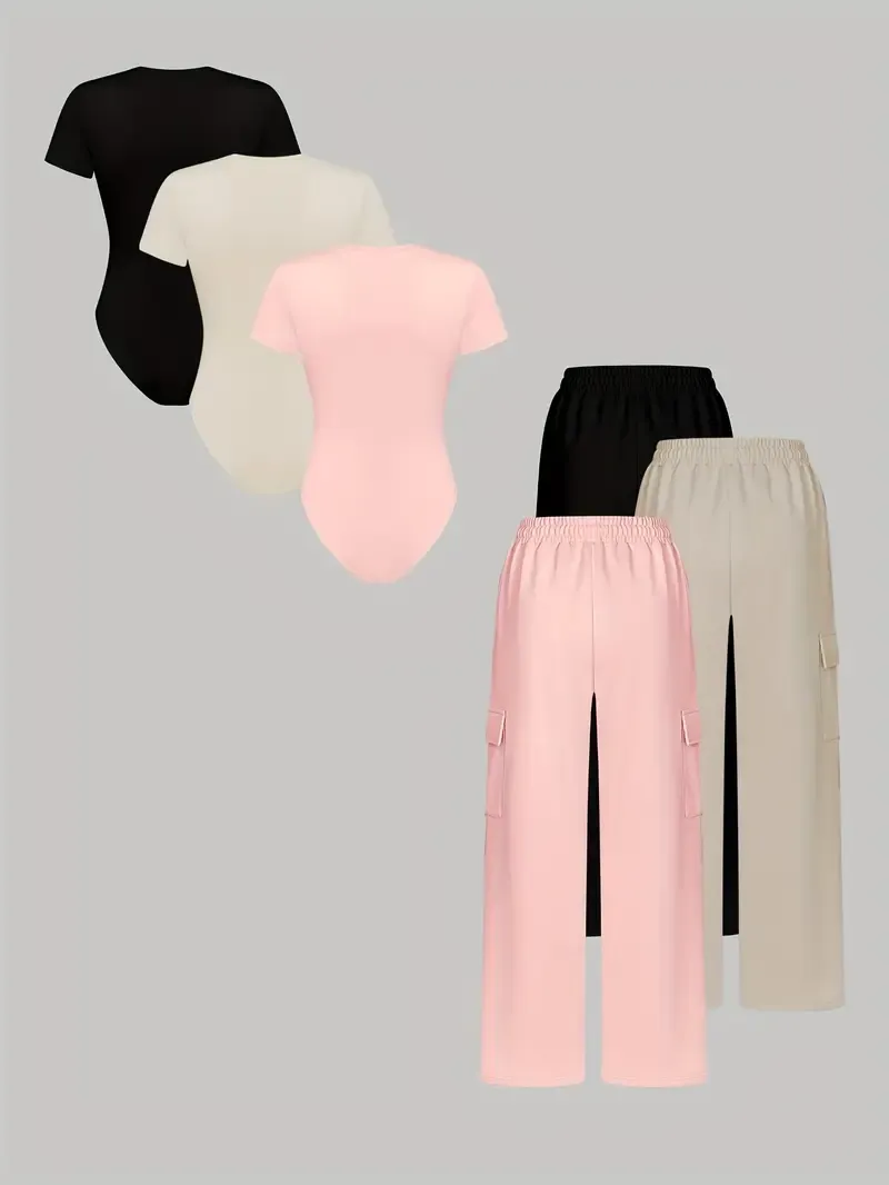 (3-SETS)Women'S Casual  Print Short Sleeve Round Neck TightJumpsuit And Waist Tie Wide Leg Pants With Pockets Set