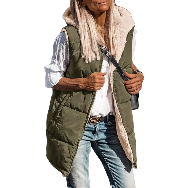Women's military green double-faced fleece vest with pockets and a hood, long zip-up coat