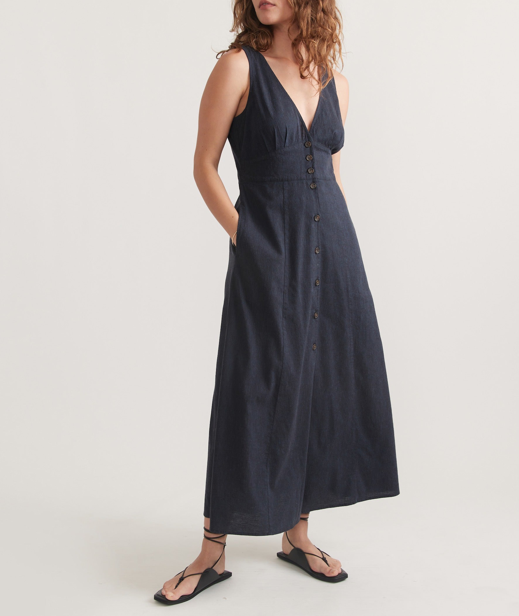 Navy Button-Down Sleeveless Midi Dress