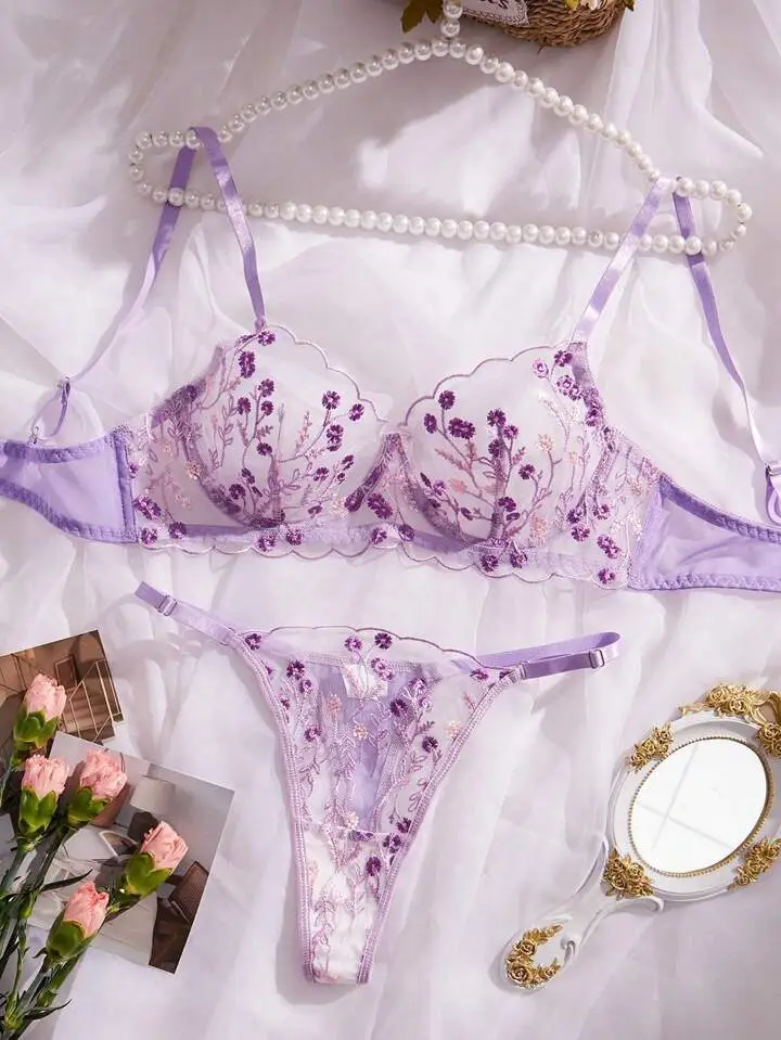 Delicate Floral Embroidered Sheer Lingerie Set