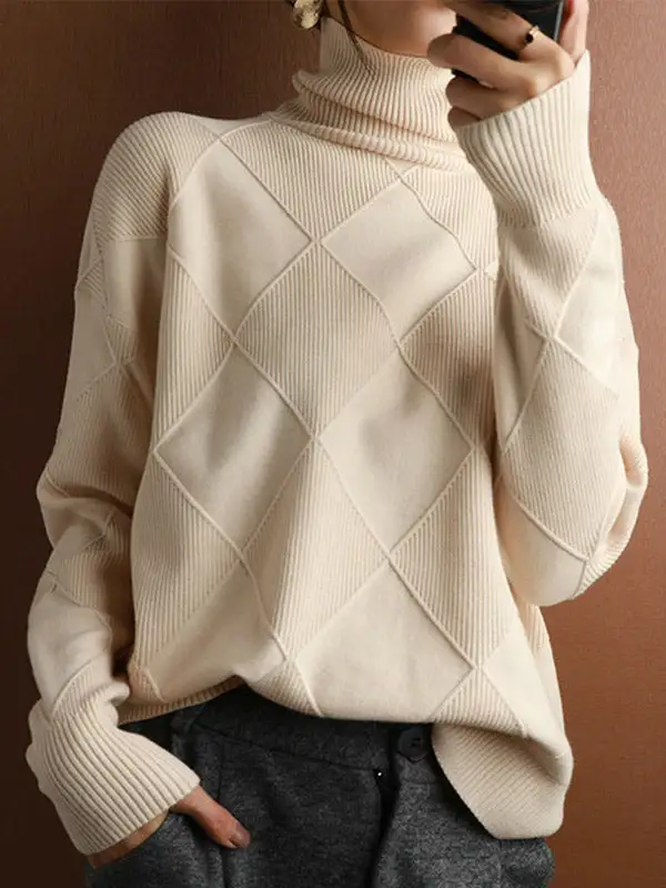 Casual Striped High Neck Long Sleeve Relaxed Fit Sweater
