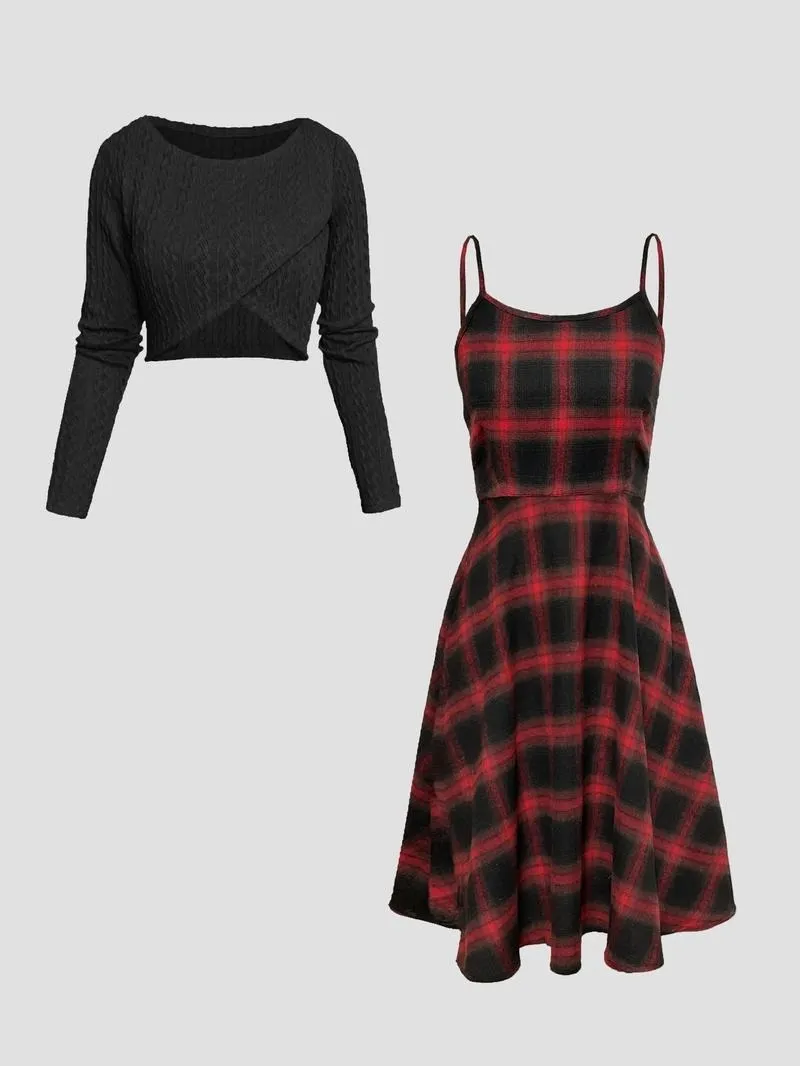 Women's Solid Wrap Hem Round Neck Textured Long Sleeve Crop Top & Plaid Print A-Line Dress Set