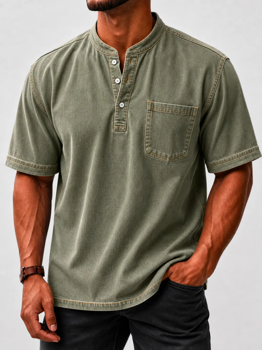 Men's Washed Stand Collar Henley Shirt