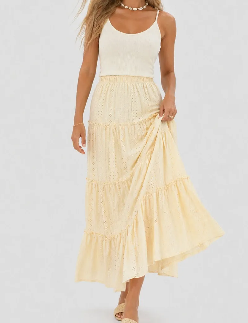 Solid Color Eyelet Tiered Ruffle Maxi Skirt