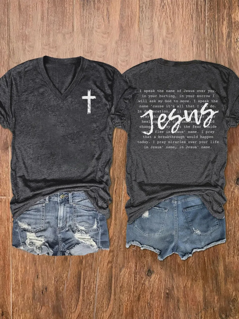 Women's Jesus Print V-Neck T-Shirt