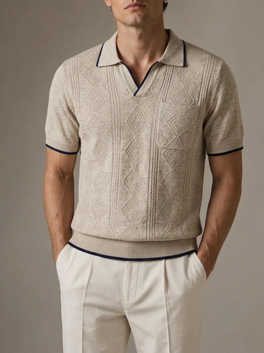 Men's Vintage Style Geometric Diamond Pattern Knitted Polo Shirt
