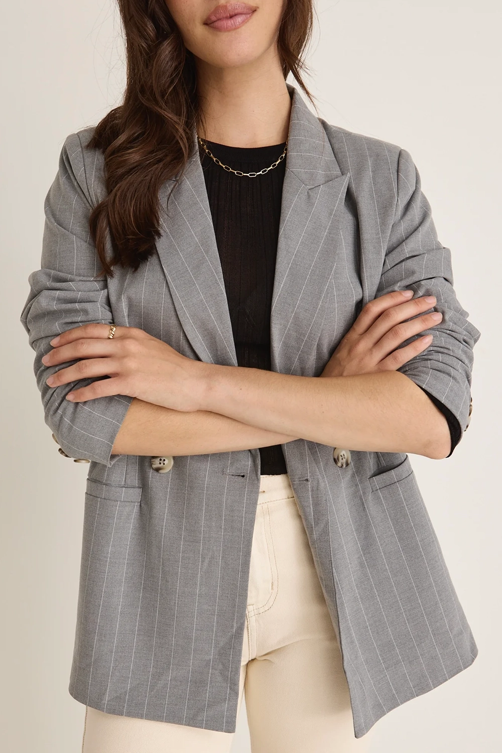 Grey Pinstripe Double - Breasted Blazer