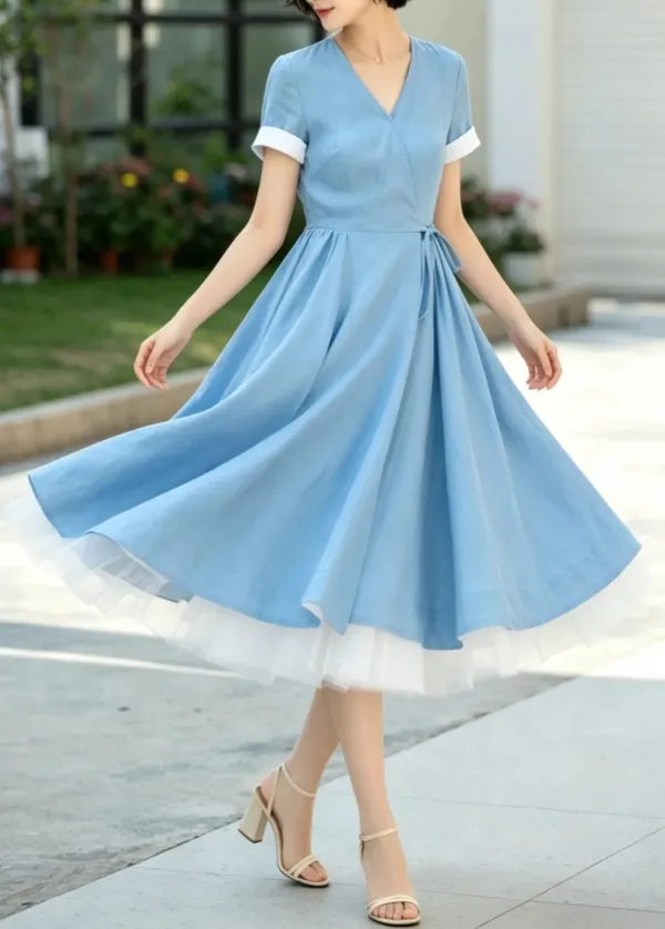 Linen A Line Swing V Neck Short Sleeve Midi Dress