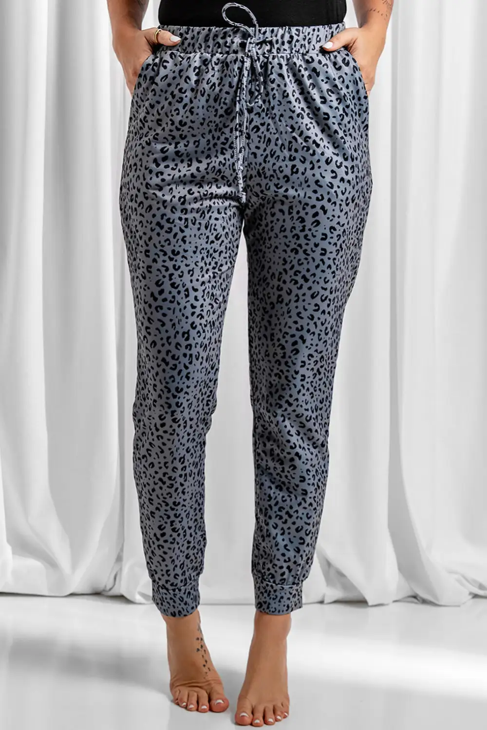 Elastic-Waist Smocked-Waist Leopard-Print Jogger Pants