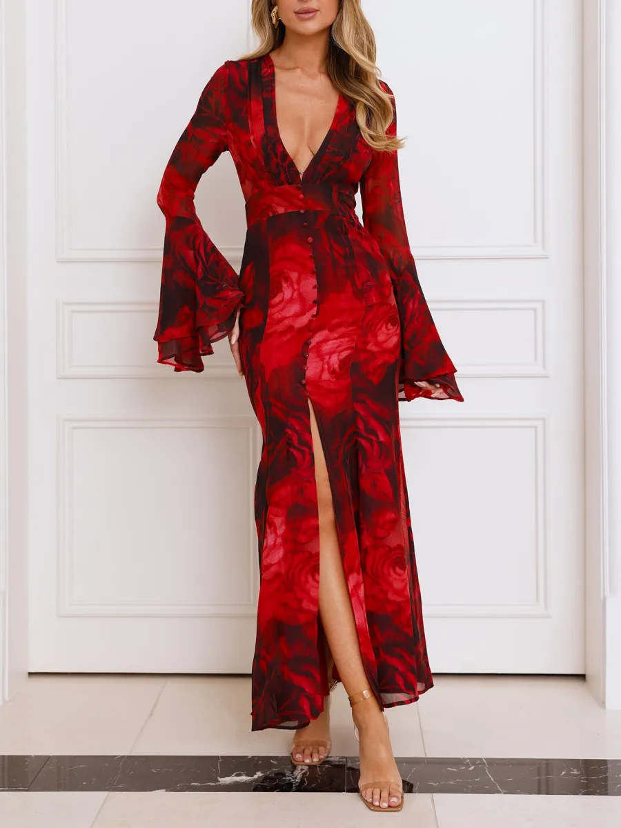 Slit Flower Long Sleeve Dress
