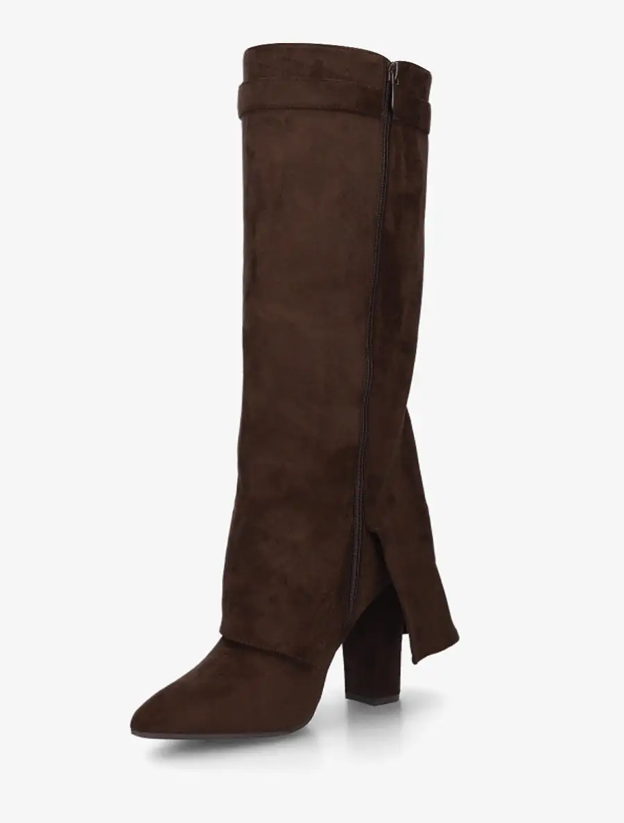 Modern Strap Detail Block Heel Fold-Over Faux Suede Knee High Boots