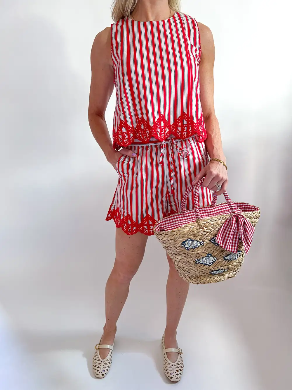 Striped Embroidered Top And Shorts Set