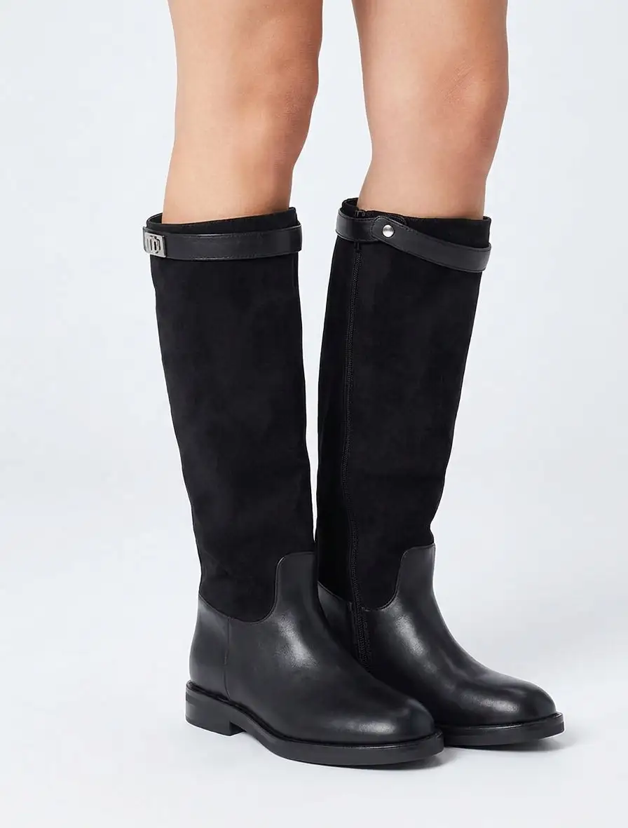 Refined Buckle Detail Block Heel Faux Suede Faux Leather Knee High Boots