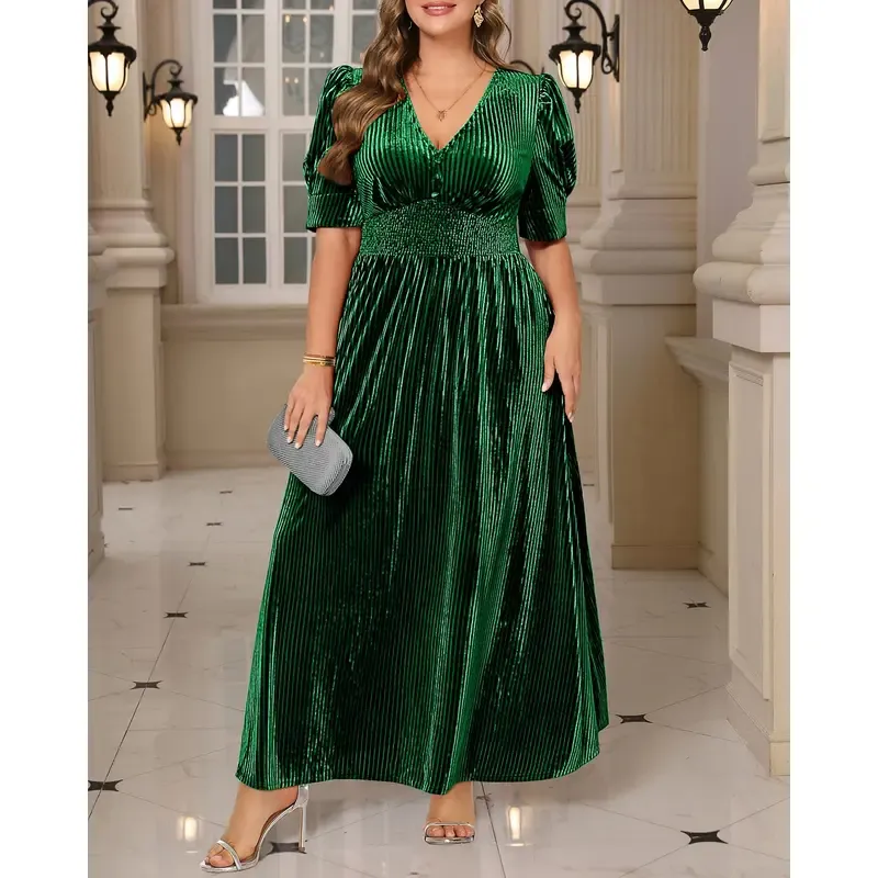 Women’s  Velvet Wedding Guest Dress - Fall Formal Holiday V Neck Empire Waist Long Dresses