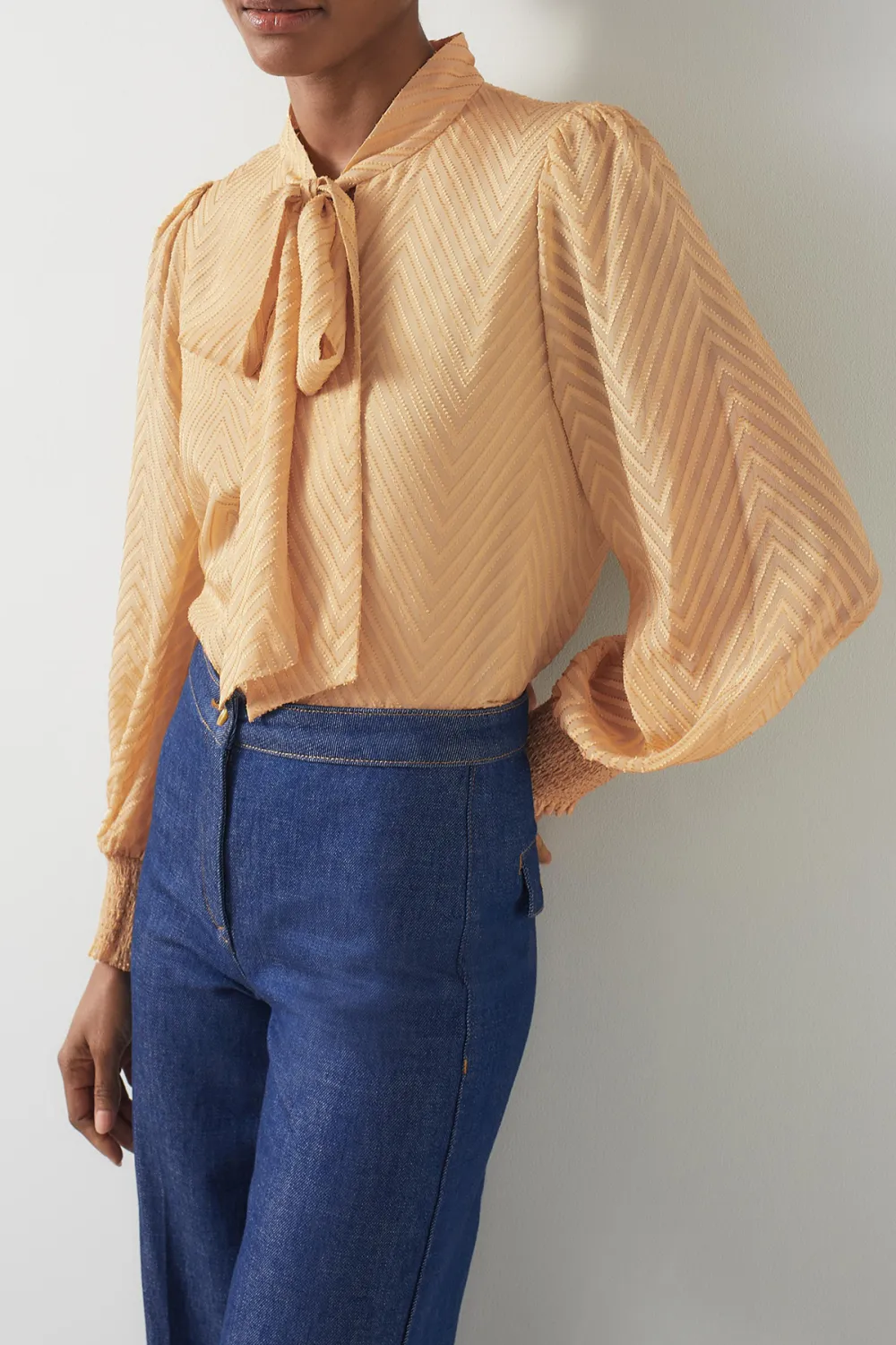 Beige Tie Neck Long Sleeve Textured Blouse