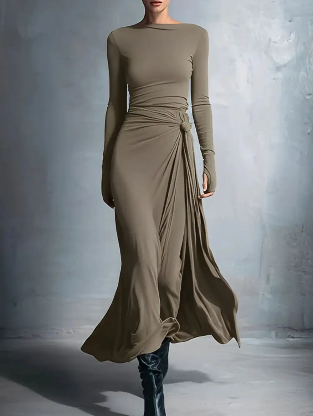 Solid Wrap Style Knot Long Sleeve Dress