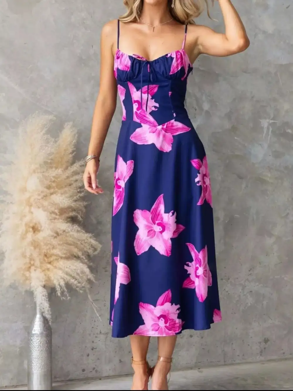 Layered Detail Floral Printed Midi Dress