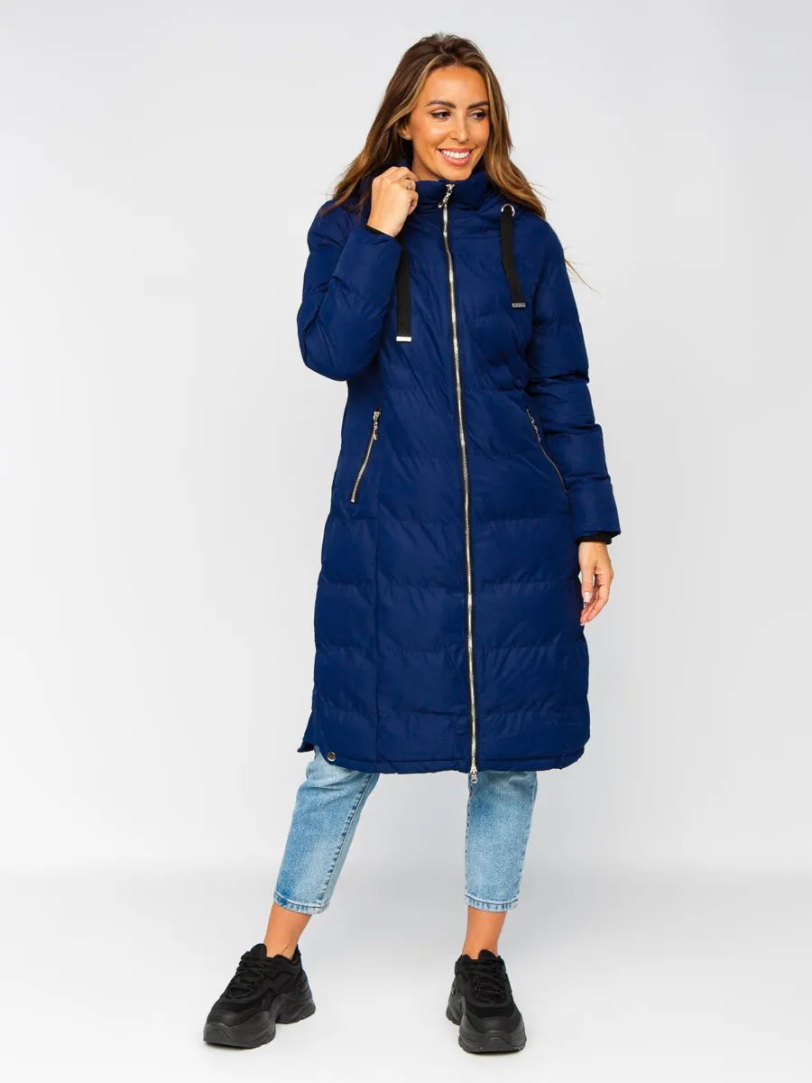 Dark blue women's long quilted winter jacket with hood