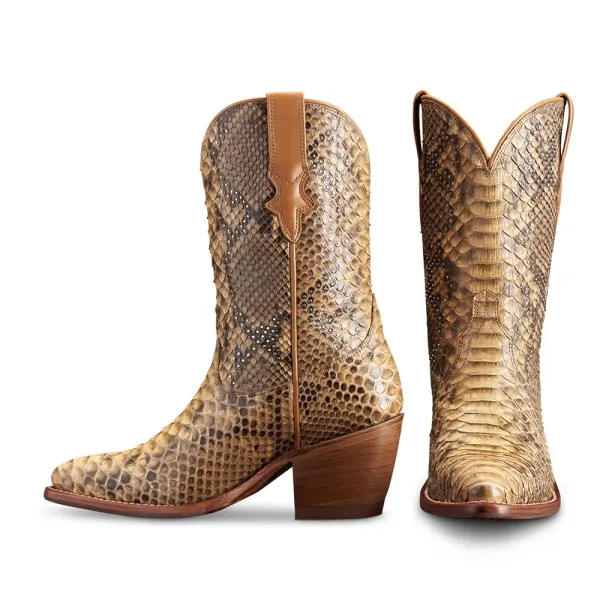 Faux-Leather Snakeskin-Print Studded Pointed-Toe Western Boots