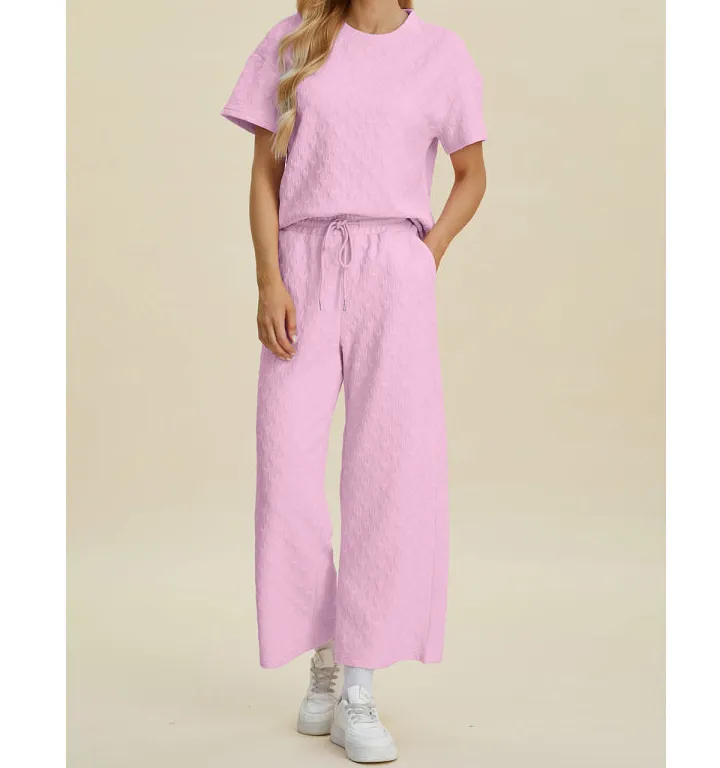 Double Take Texture Round Neck Short Sleeve Top and Pants Set