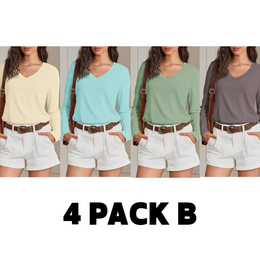 Women's V-Neck Long Sleeve Tee - Soft Curved Hem Top