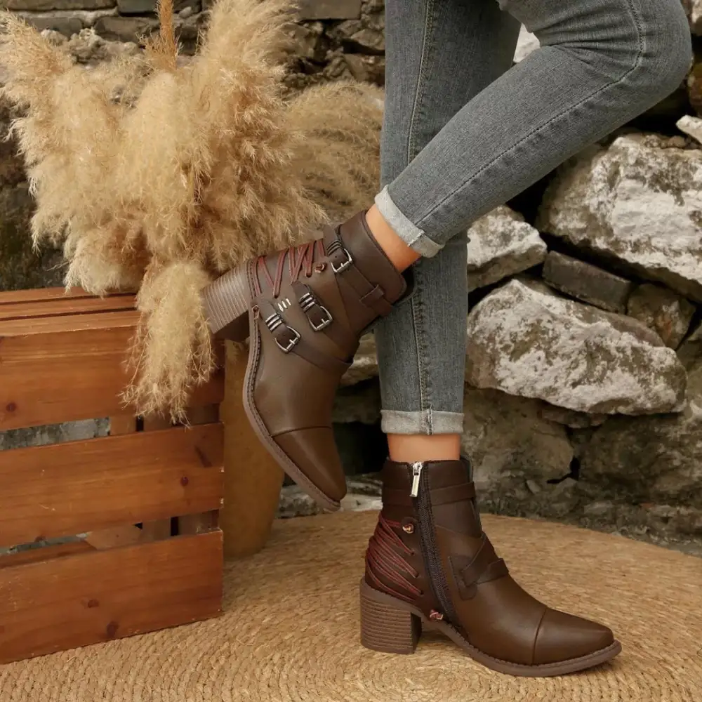 Point Toe Buckle Strap Ankle Boots with Block Heels