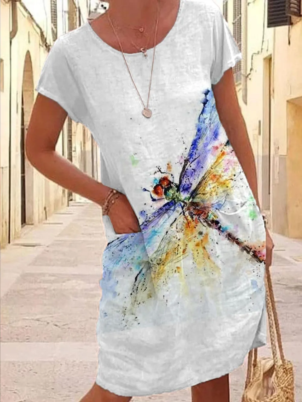Women's Dragonfly Flower Printed Pocket Cotton Linen Dress