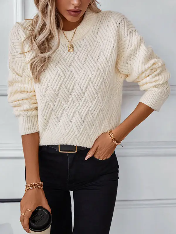 Paneled Round Neck Long Sleeve Relaxed Fit Pullover Sweater