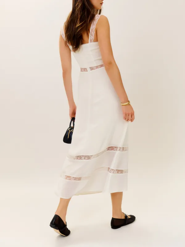 Button Front Lace Insert Sleeveless Midi Dress