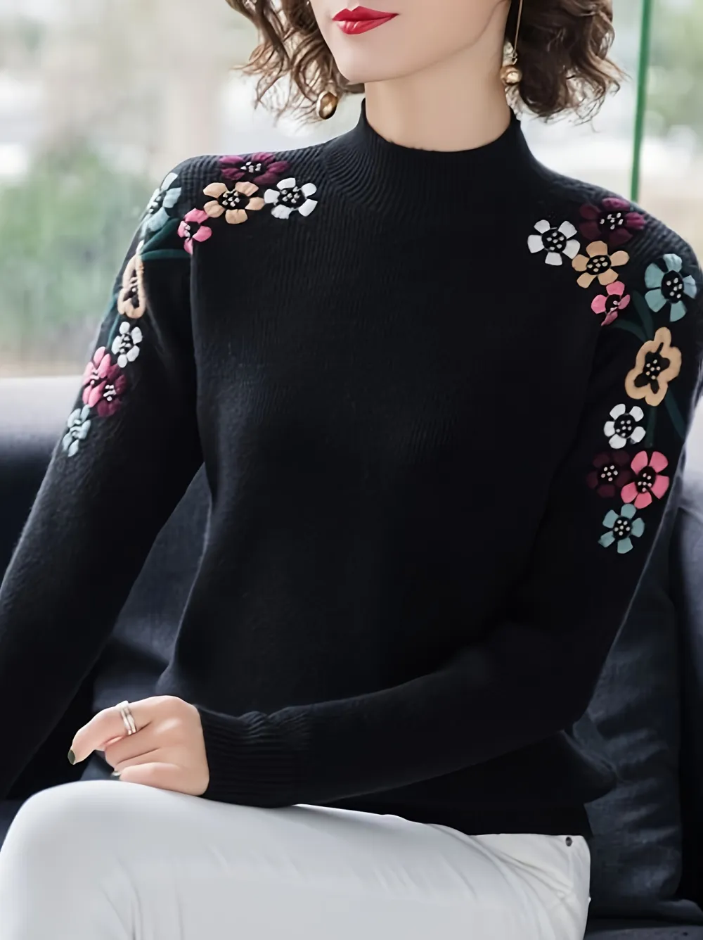 Floral Pattern Mock Neck Knit Sweater Casual