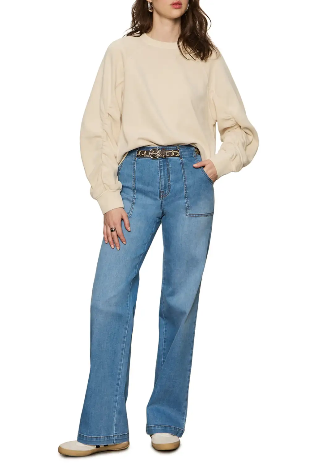 Ribbed Ruched Shirred Relaxed Sweatshirt