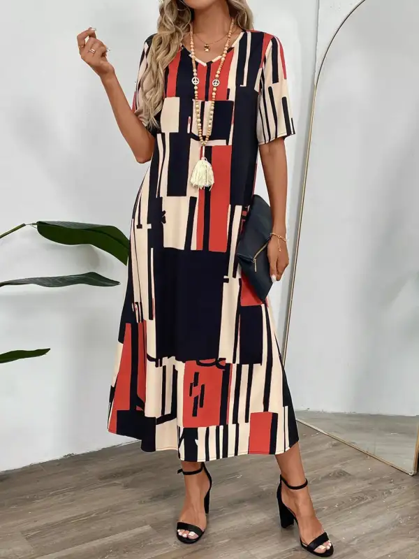 Abstract Geometric V-Neck Midi Dress