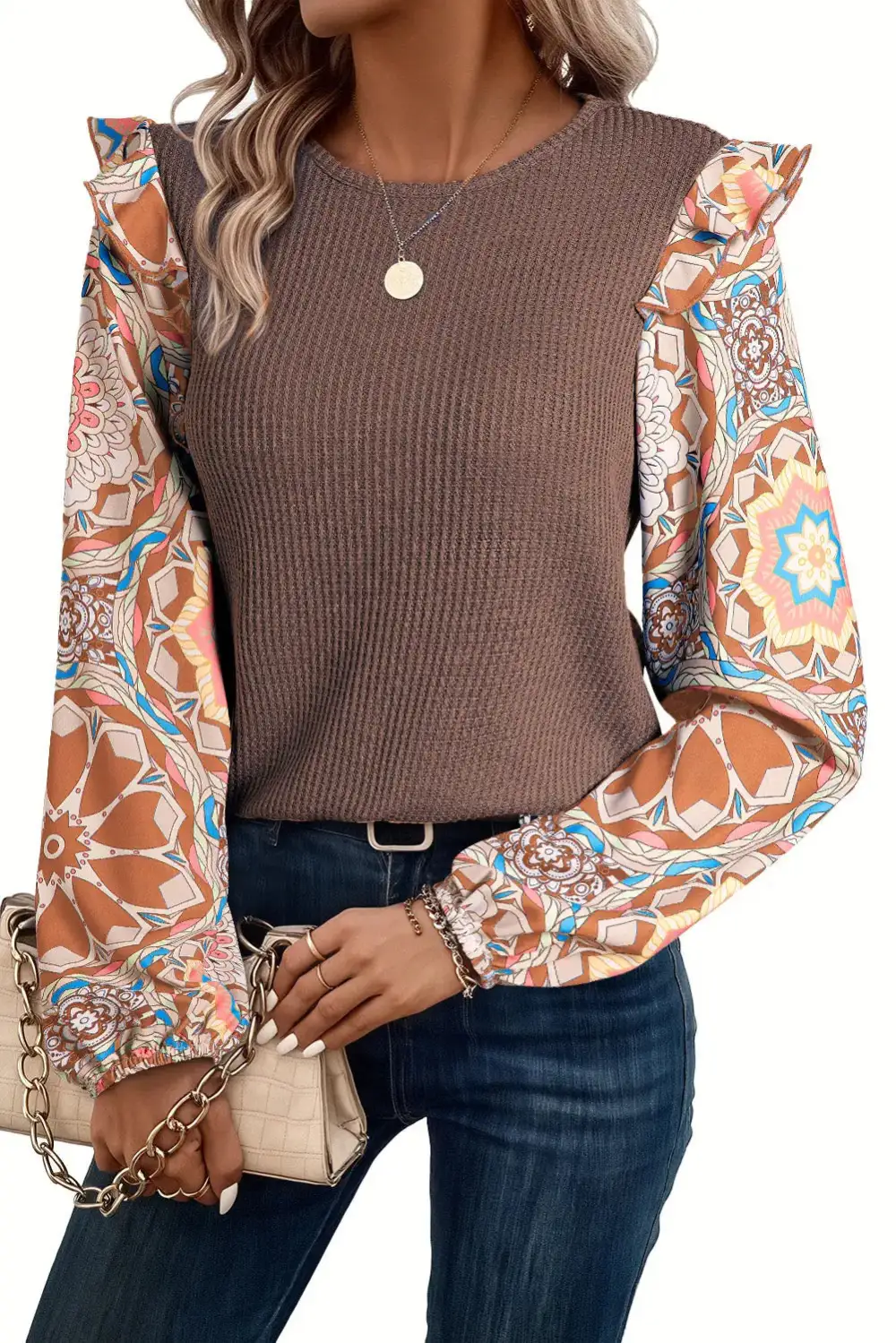 Floral Ruffled Waffle Knit Blouse