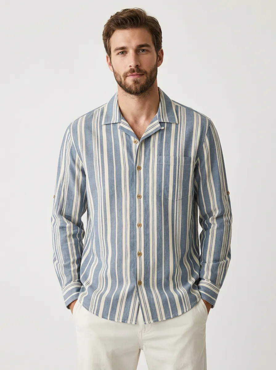 Men's Casual Summer Breathable Blue Striped Printed Shirt