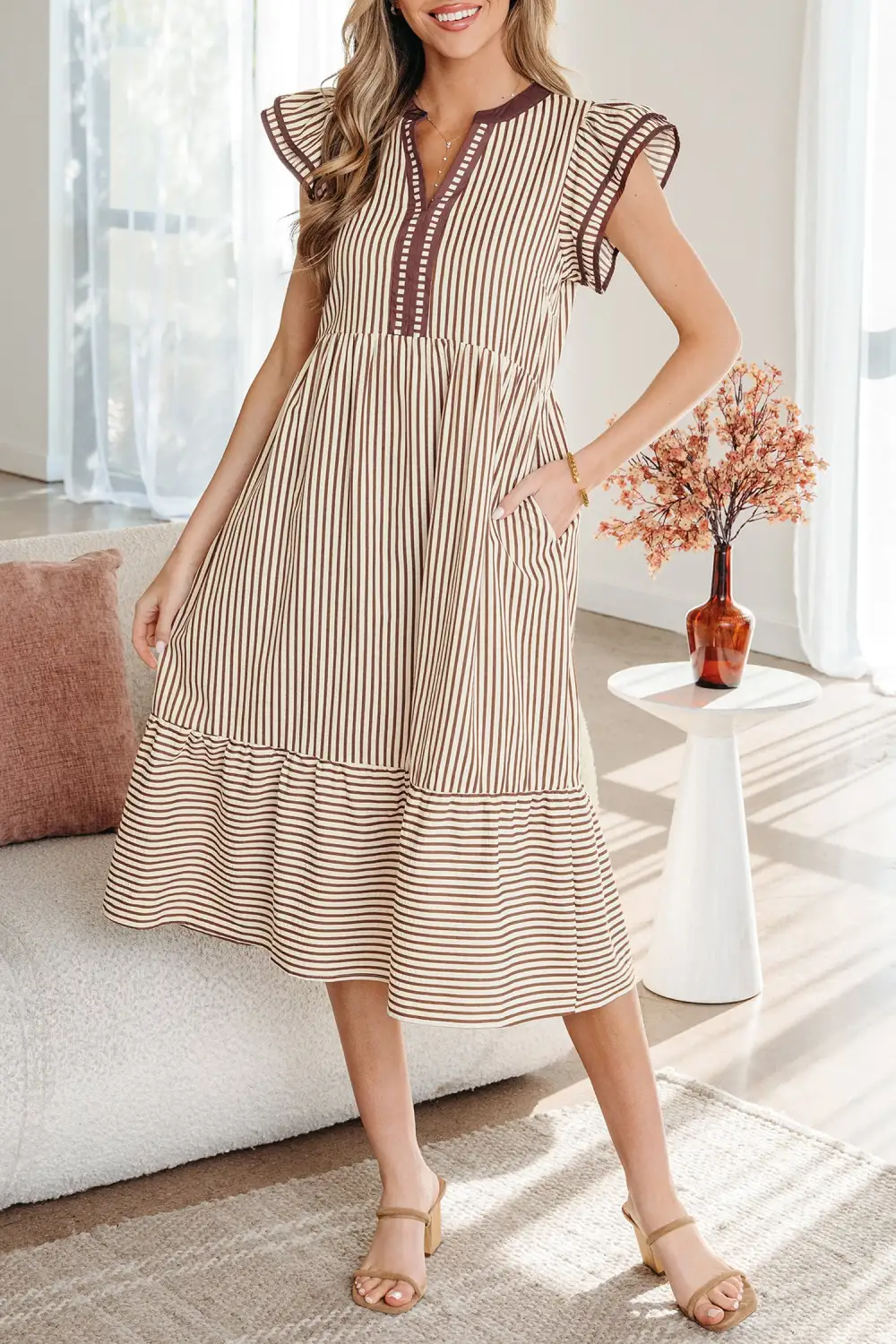 Lightweight Feel Striped V Neck Ruffle Midi Dress