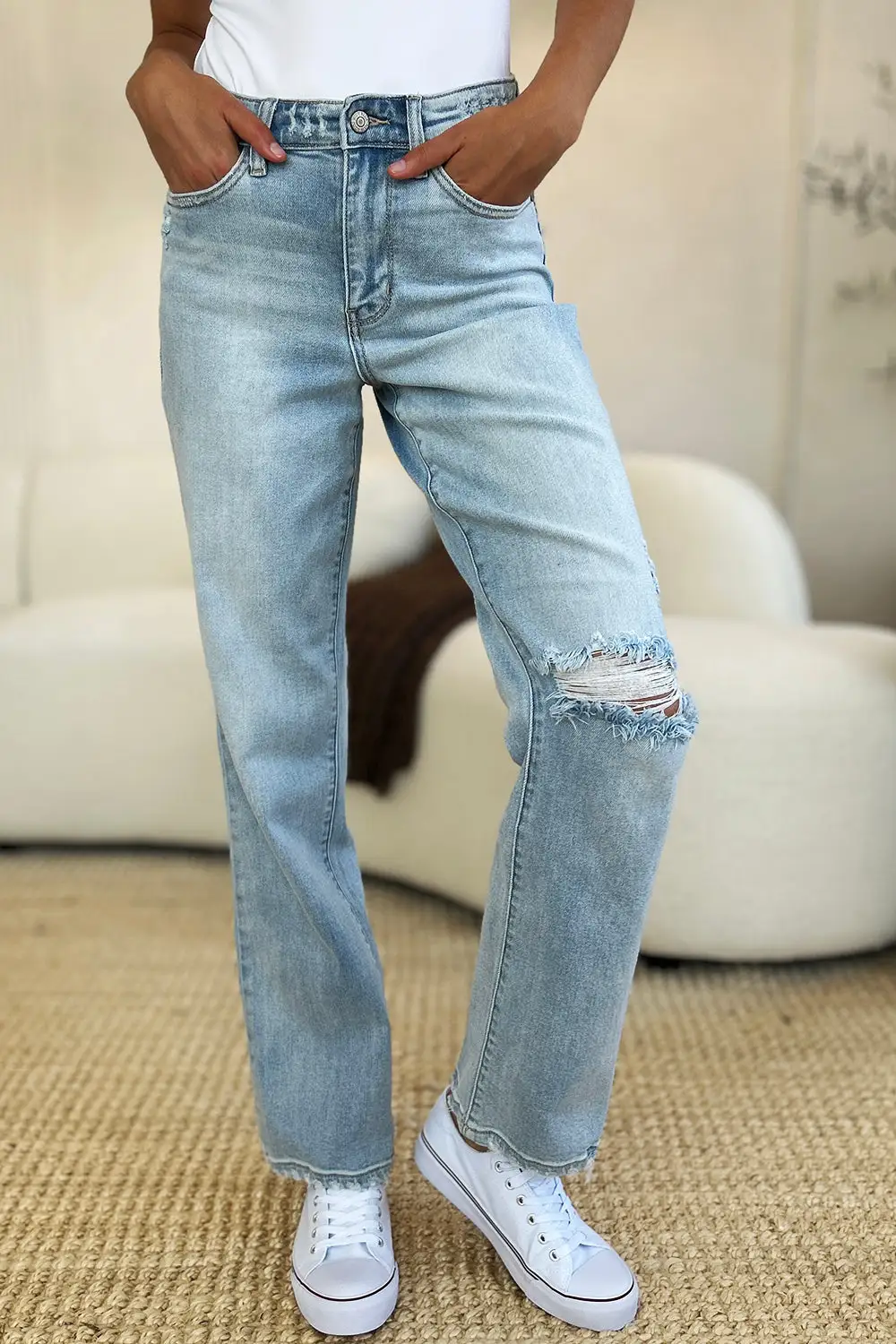 Modern High Waist Straight Leg Distressed Denim Jeans